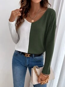 SHEIN LUNE 雙色V領T恤 - 彩色 - 查看 5