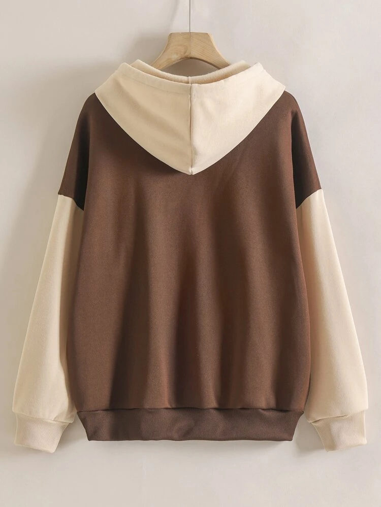 Colorblock Drawstring Pocket Thermal Lined Hoodie,Long Sleeve Tops Graduation,Teacher,Back To School Pullover Fall