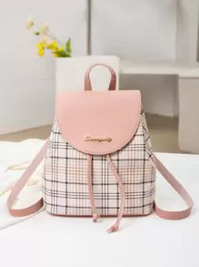 Plaid Flap Drawstring Backpack - Pink - View 1