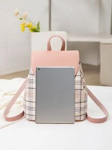 Plaid Flap Drawstring Backpack - Pink - View 2