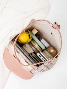 Plaid Flap Drawstring Backpack - Pink - View 3