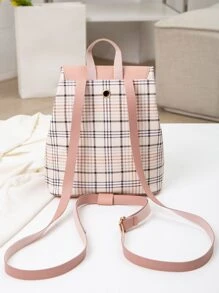 Plaid Flap Drawstring Backpack - Pink - View 4