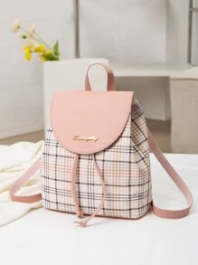 Plaid Flap Drawstring Backpack - Pink - View 5