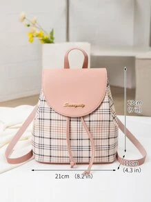 Plaid Flap Drawstring Backpack - Pink - View 6