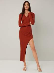 SHEIN BAE 假鈕扣高衩連衣裙 - 鏽棕色 - 查看 3