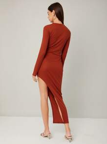 SHEIN BAE 假鈕扣高衩連衣裙 - 鏽棕色 - 查看 4