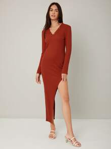 SHEIN BAE 假鈕扣高衩連衣裙 - 鏽棕色 - 查看 2