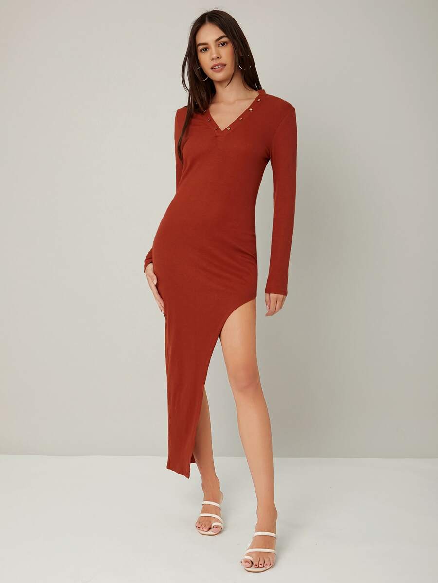 SHEIN BAE 假鈕扣高衩連衣裙 - 鏽棕色 - 查看 1