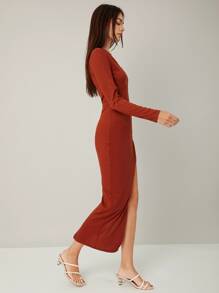 SHEIN BAE 假鈕扣高衩連衣裙 - 鏽棕色 - 查看 5