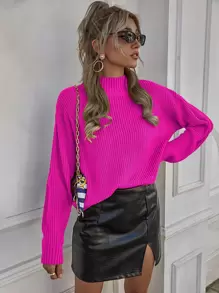 SHEIN Privé Solid Ribbed Knit Mock Neck Jumper