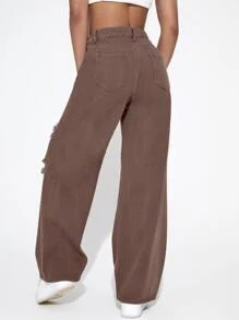 Jeans con cremallera con diseño roto de pierna ancha - Café integral - Ver 2