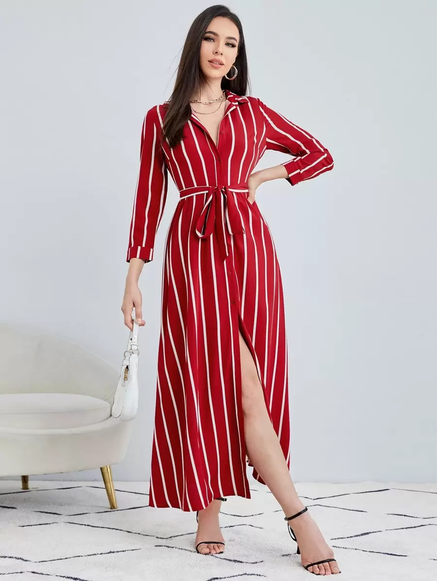 SHEIN Clasi Vestido camisero con estampado de rayas con cinturón - Burdeos - Ver 1