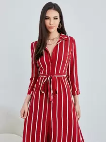 SHEIN Clasi Vestido camisero con estampado de rayas con cinturón - Burdeos - Ver 4