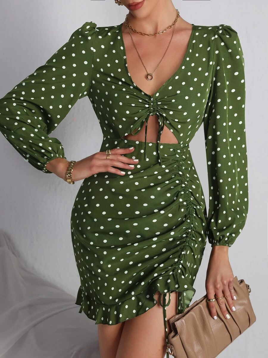Polka Dot Lantern Sleeve Drawstring Ruffle Hem Dress - Olive Green - View 1