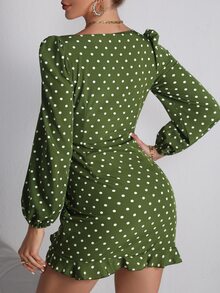 Polka Dot Lantern Sleeve Drawstring Ruffle Hem Dress - Olive Green - View 2