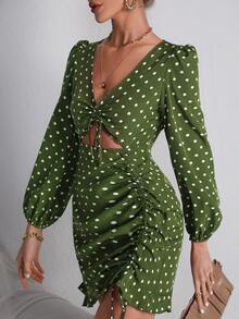 Polka Dot Lantern Sleeve Drawstring Ruffle Hem Dress - Olive Green - View 3