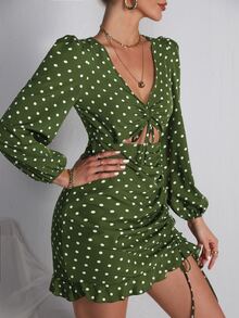 Polka Dot Lantern Sleeve Drawstring Ruffle Hem Dress - Olive Green - View 4