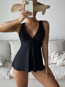 Tankini de estampado tropical para playa de verano - Negro - Ver 1