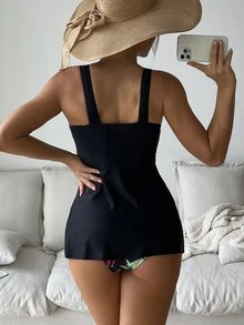 Tankini de estampado tropical para playa de verano - Negro - Ver 2