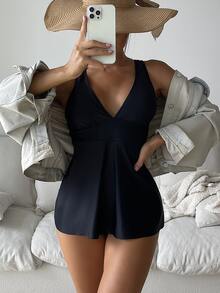 Tankini de estampado tropical para playa de verano - Negro - Ver 4