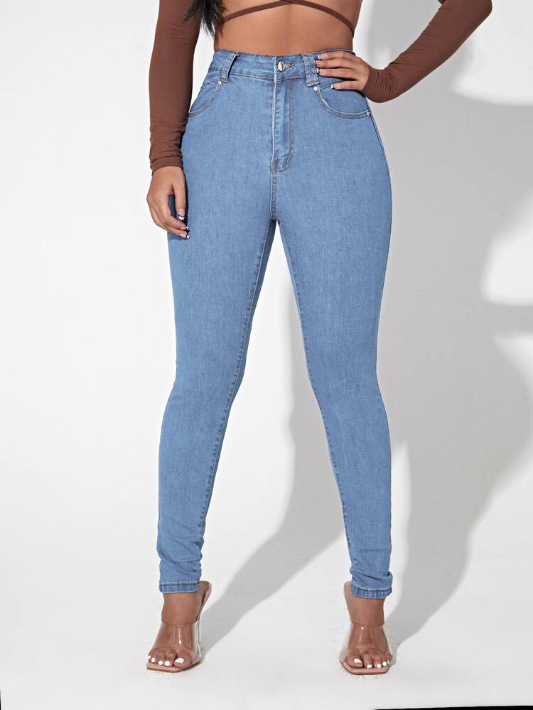 1pc High Waist Skinny Jeans - Light Wash - View 1