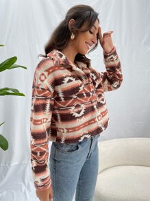SHEIN Essnce Geo Print Drop Shoulder Fleece Jacket In Fall/Winter - Multicolor - View 3