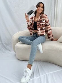 SHEIN Essnce Geo Print Drop Shoulder Fleece Jacket In Fall/Winter - Multicolor - View 4