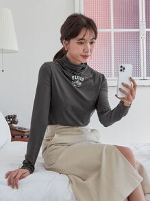 DAZY 字母圖案堆堆領T恤 - 深灰色 - 查看 6