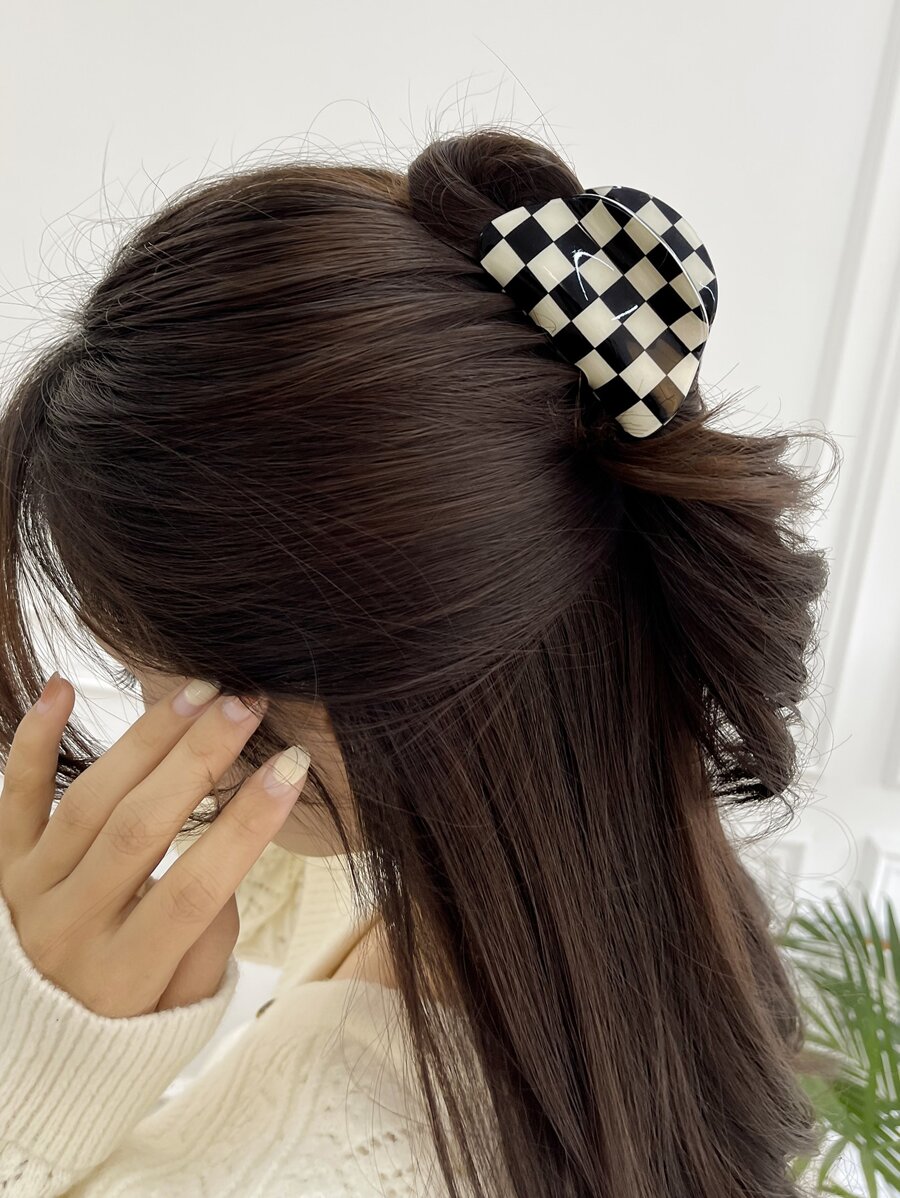 DAZY 格子印花髮卡，適用於日常女孩髮型搭配休閒風格 - 黑與白 - 查看 1