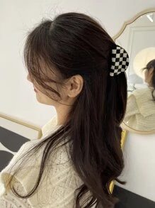 DAZY 格子印花髮卡，適用於日常女孩髮型搭配休閒風格 - 黑與白 - 查看 3