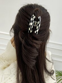 DAZY 格子印花髮卡，適用於日常女孩髮型搭配休閒風格 - 黑與白 - 查看 5