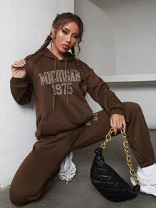 SHEIN EZwear 字母圖案落肩袖抽繩保暖連帽衫和衛褲 - 巧克力棕 - 查看 5