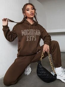 SHEIN EZwear 字母圖案落肩袖抽繩保暖連帽衫和衛褲 - 巧克力棕 - 查看 6