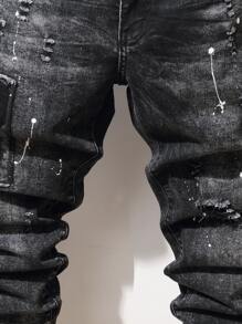 Manfinity Hombres Jeans desgarro pintura con estampado - Gris Oscuro - Ver 3