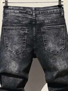 Manfinity Hombres Jeans desgarro pintura con estampado - Gris Oscuro - Ver 6
