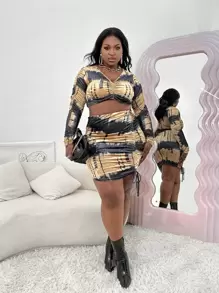 Slaydiva 大碼紮染褶邊T恤和包臀半身裙套裝 - 彩色 - 查看 3