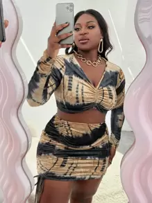 Slaydiva 大碼紮染褶邊T恤和包臀半身裙套裝 - 彩色 - 查看 5