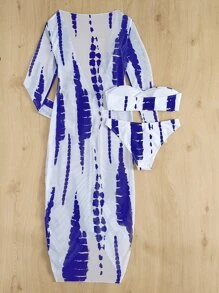 Tie Dye Bandeau Bikini Set With Cover Up Dress, For Summer Beach Vacation - Blue and White - View 2