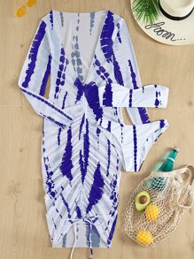 Tie Dye Bandeau Bikini Set With Cover Up Dress, For Summer Beach Vacation - Blue and White - View 3