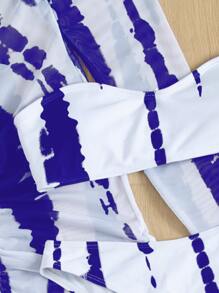 Tie Dye Bandeau Bikini Set With Cover Up Dress, For Summer Beach Vacation - Blue and White - View 4
