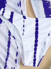 Tie Dye Bandeau Bikini Set With Cover Up Dress, For Summer Beach Vacation - Blue and White - View 5