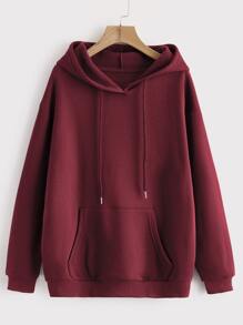 SHEIN EZwear Drawstring Kangaroo Pocket Drop Shoulder Thermal Lined Hoodie - Burgundy - View 1