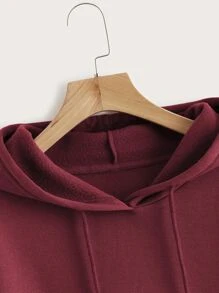 SHEIN EZwear Drawstring Kangaroo Pocket Drop Shoulder Thermal Lined Hoodie - Burgundy - View 4