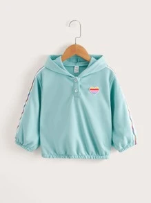 SHEIN Young Girls Half Button Heart Patched Striped Side Drop Shoulder Sweatshirt - Mint Blue - View 1