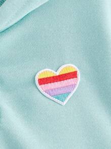 SHEIN Young Girls Half Button Heart Patched Striped Side Drop Shoulder Sweatshirt - Mint Blue - View 3