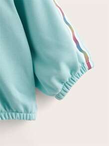 SHEIN Young Girls Half Button Heart Patched Striped Side Drop Shoulder Sweatshirt - Mint Blue - View 4