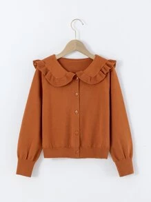 Toddler Girls Solid Peter Pan Collar Lantern Sleeve Cardigan - Orange - View 1