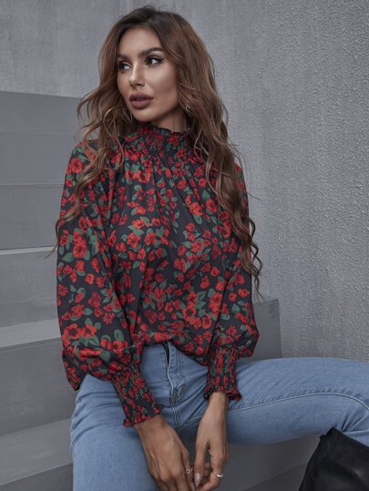 花柄プリント シャードフリル ネック ランタンスリーブ ブラウス