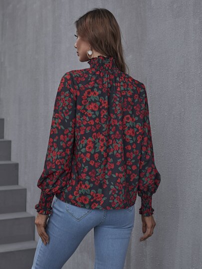 花柄プリント シャードフリル ネック ランタンスリーブ ブラウス