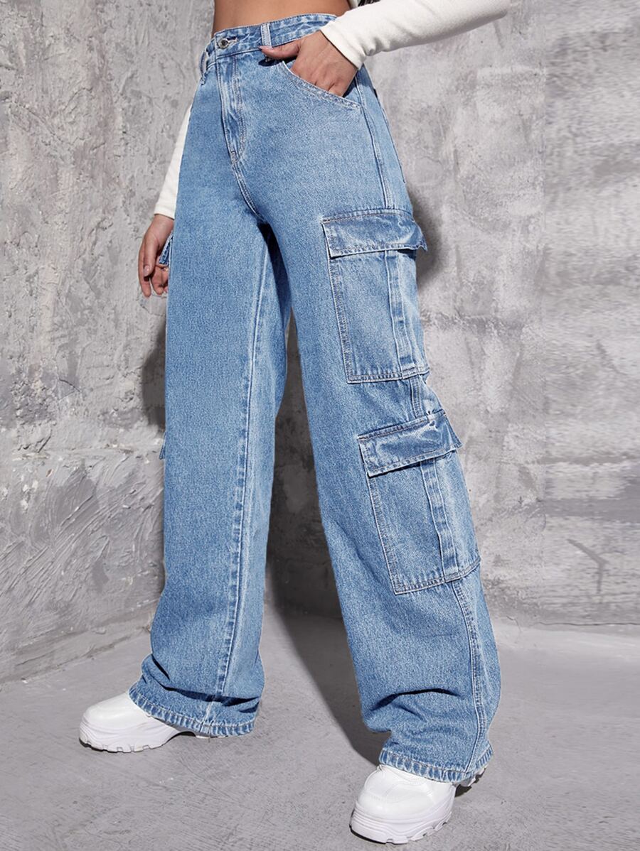 Jeanoix Zipper Fly Flap Pocket Boyfriend Jeans Y2k - Light Wash - View 1